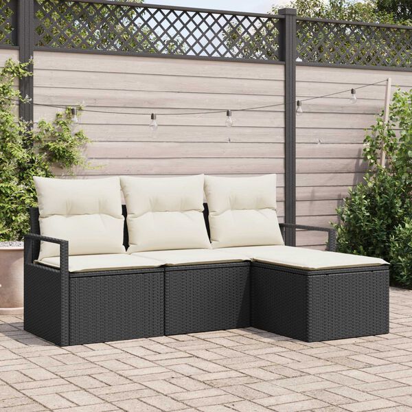 vidaXL Bankstel met kussen 4 pcs Zwart poly rattan