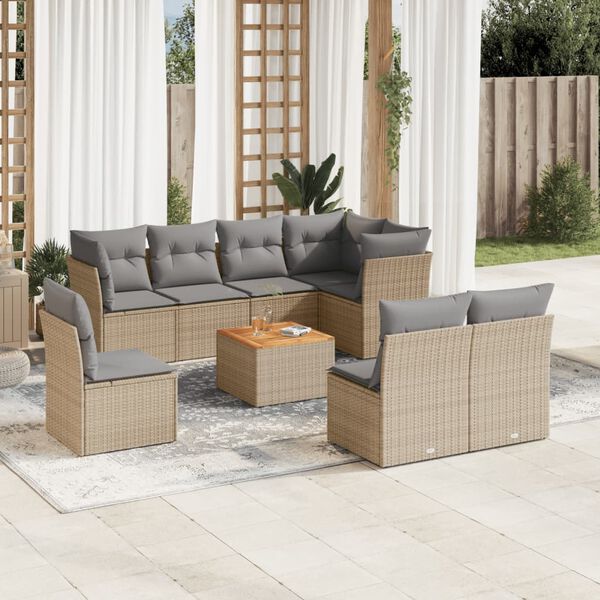 vidaXL 9-delige Loungeset met kussens poly rattan beige