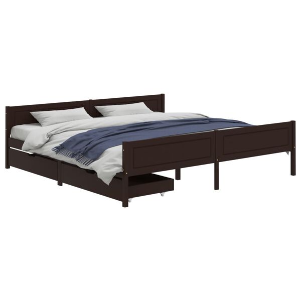 vidaXL Bedframe met 2 lades massief grenenhout donkerbruin 200x200 cm