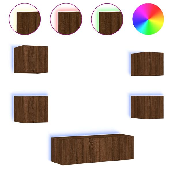 vidaXL 5-delige tv-wandmeubelset met LED-verlichting bruin eikenkleur
