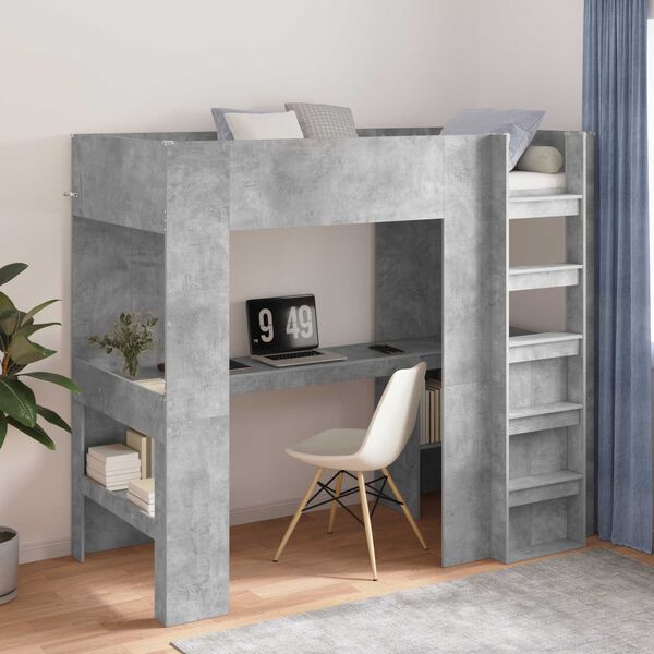 vidaXL Loft Bedframe met Bureau Beton Grijs 98.5 x 200 cm Bewerkt hout
