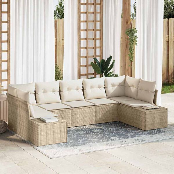 vidaXL Tuinbankenset met opslag 7 pcs Beige en Cr&egrave;me Poly riet