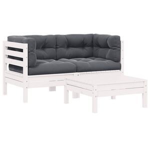 vidaXL 3-delige Loungeset met kussens massief grenenhout wit