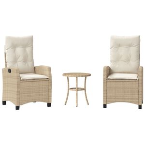 vidaXL 3-delige Bistroset met kussens poly rattan beige