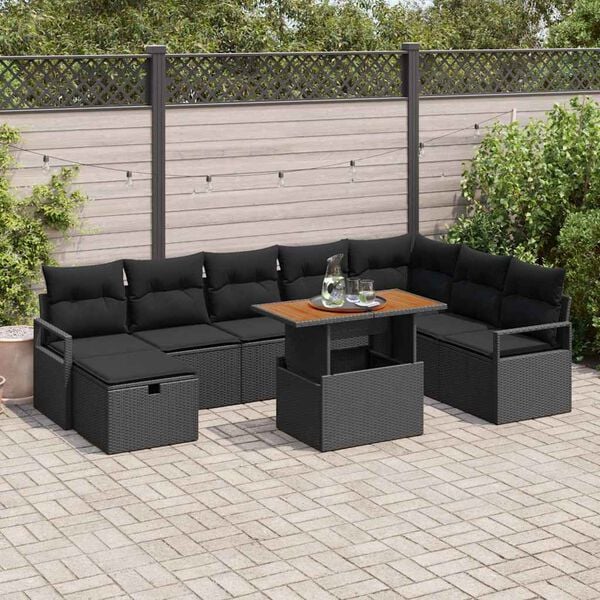 vidaXL Tuinbankenset met kussen met opslag 9 pcs Zwart poly rattan