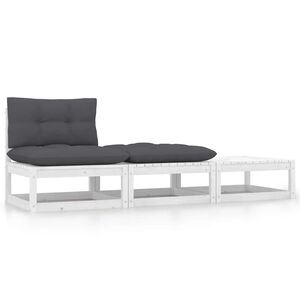 vidaXL 3-delige Loungeset met kussens massief grenenhout wit