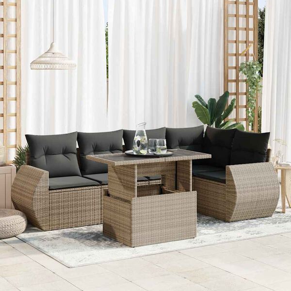 vidaXL 6-delige Loungeset met kussens poly rattan grijs