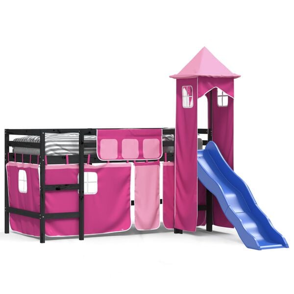 vidaXL Kinderhoogslaper met toren 80x200 cm massief grenenhout roze