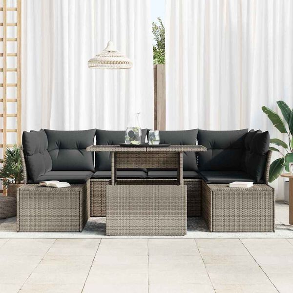 vidaXL Bankstel met kussen 7 pcs Grijs poly rattan