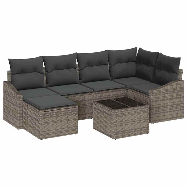 vidaXL Bankstel met kussen 7 pcs Grijs poly rattan