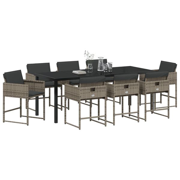 vidaXL Tuin eettafelset met kussen 9 pcs Grijs poly rattan