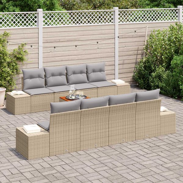 vidaXL Tuinbankenset met opslag 9 pcs Beige en Licht Grijs poly rattan