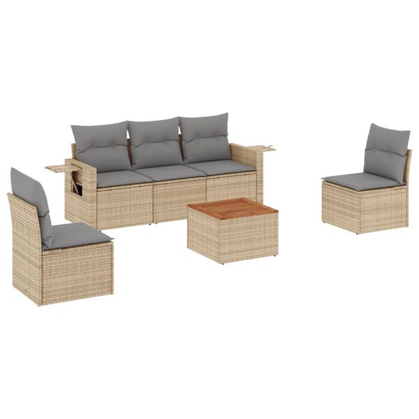 vidaXL 6-delige Loungeset met kussens poly rattan beige