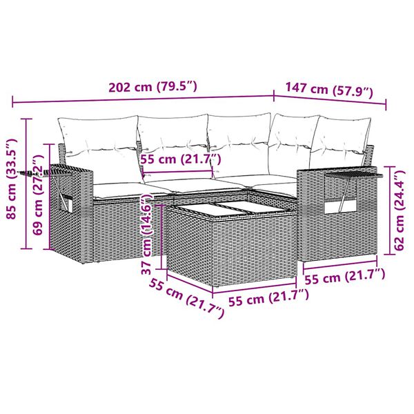 vidaXL 5-delige Loungeset met kussens poly rattan lichtgrijs