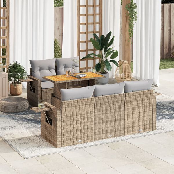 vidaXL 6-delige Loungeset met kussens poly rattan beige