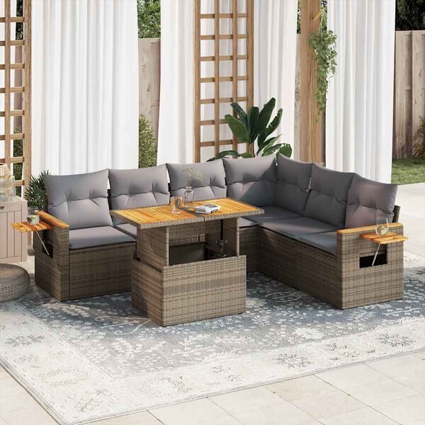 vidaXL 7-delige Loungeset met kussens poly rattan acacia beige