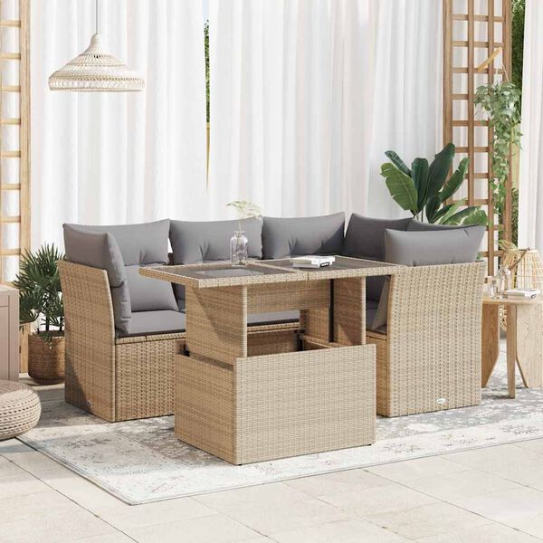 vidaXL 5-delige Loungeset met kussens poly rattan beige