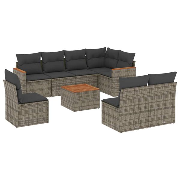 vidaXL 9-delige Loungeset met kussens poly rattan grijs
