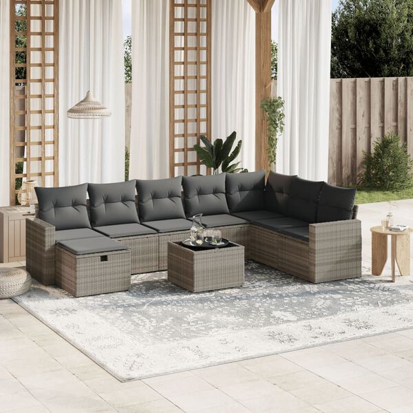 vidaXL 9-delige Loungeset met kussens poly rattan lichtgrijs