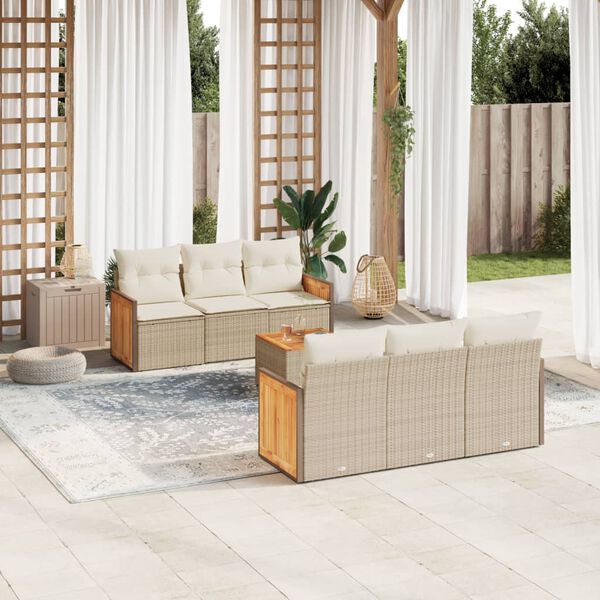 vidaXL 7-delige Loungeset met kussens poly rattan beige