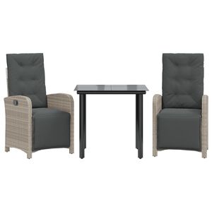 vidaXL 3-delige Bistroset met kussens poly rattan lichtgrijs