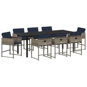 vidaXL Tuin eettafelset met kussen 9 pcs Grijs poly rattan