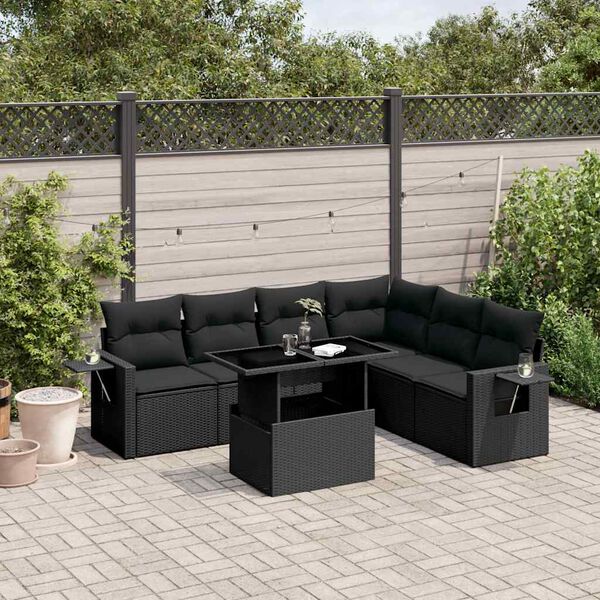 vidaXL 7-delige Loungeset met kussens poly rattan zwart