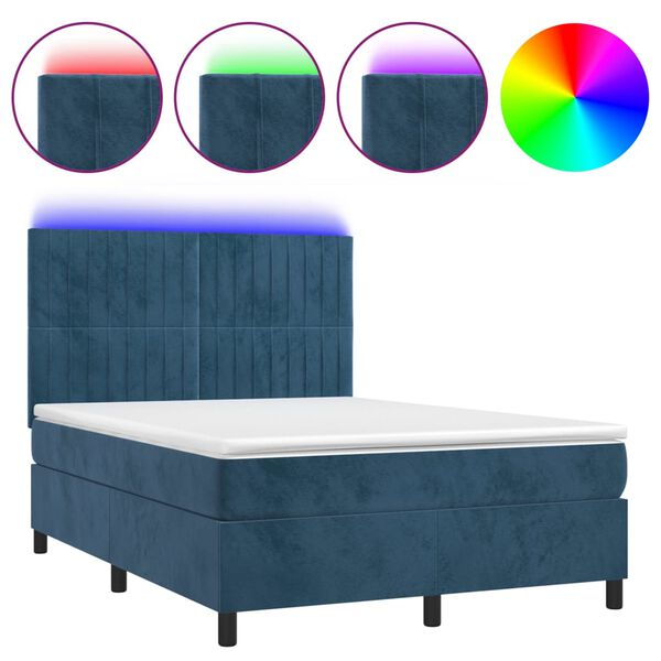 vidaXL Boxspring met matras en LED fluweel donkerblauw 140x190 cm