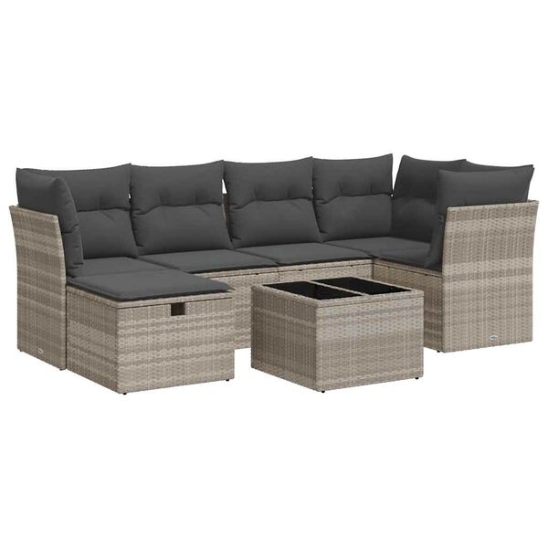 vidaXL 7-delige Loungeset met kussens poly rattan lichtgrijs
