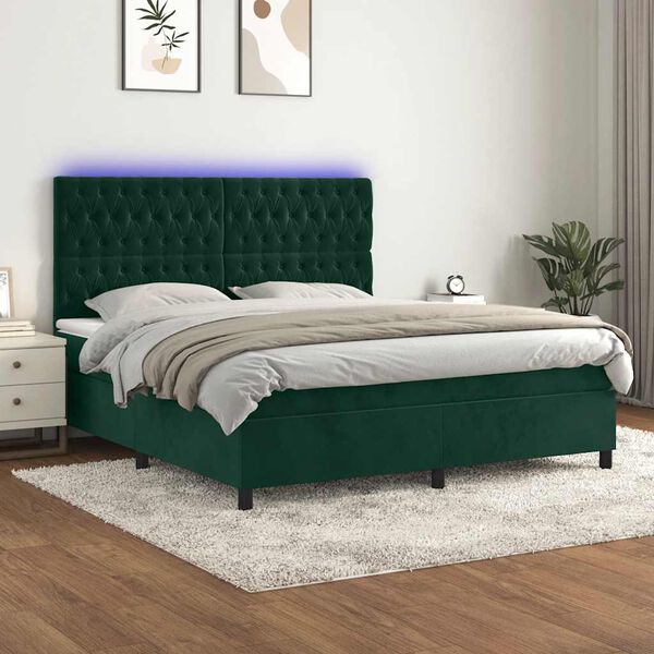 vidaXL Boxspring met matras en LED fluweel donkergroen 160x200 cm