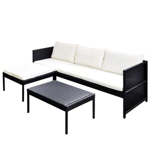 vidaXL 3-delige Loungeset met kussens poly rattan zwart