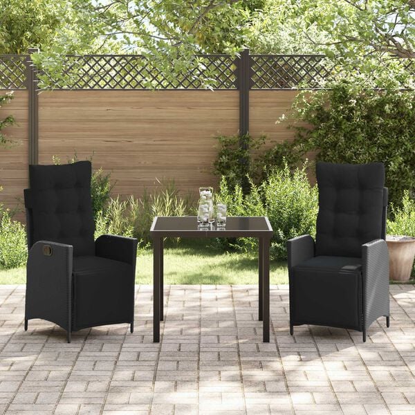 vidaXL Tuin eettafelset met kussen 3 pcs Zwart poly rattan