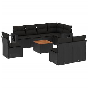 vidaXL 9-delige Loungeset met kussens poly rattan zwart