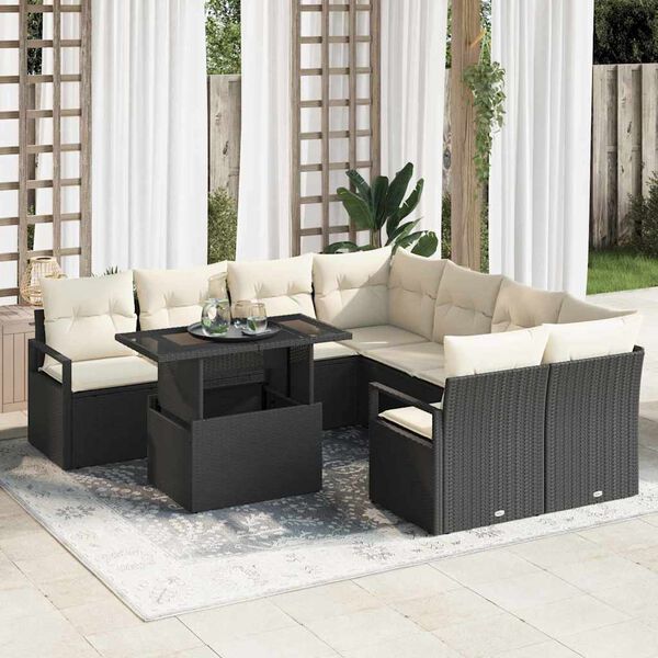 vidaXL Tuin Sofa Set met opslag 9 pcs Zwart en Cr&egrave;me poly rattan
