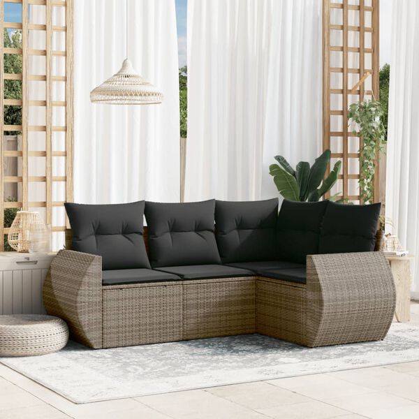 vidaXL 4-delige Loungeset met kussens poly rattan grijs