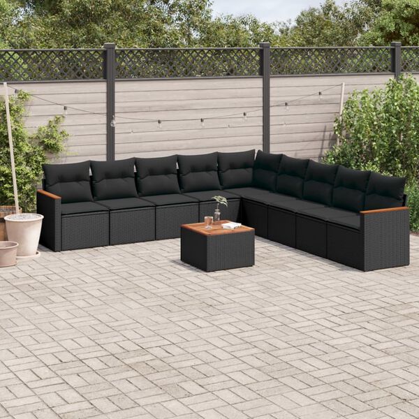 vidaXL 10-delige Loungeset met kussens poly rattan zwart