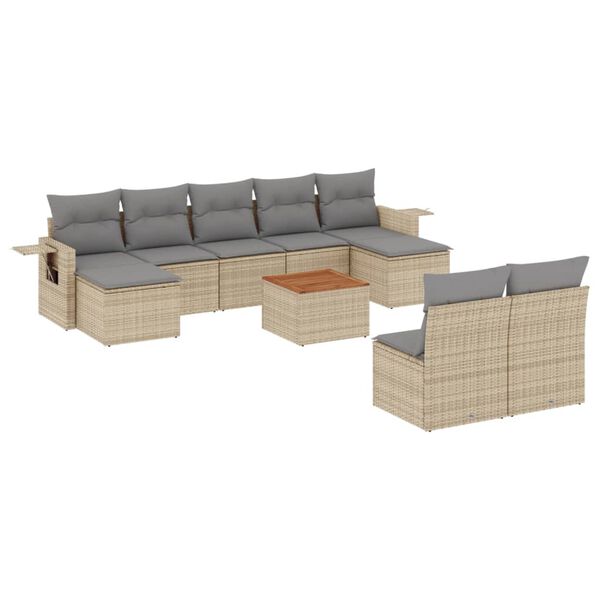 vidaXL 10-delige Loungeset met kussens poly rattan beige