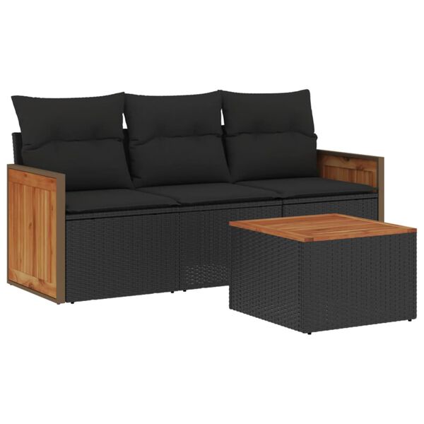 vidaXL 4-delige Loungeset met kussens poly rattan zwart