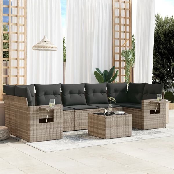 vidaXL 8-delige Loungeset met kussens poly rattan lichtgrijs