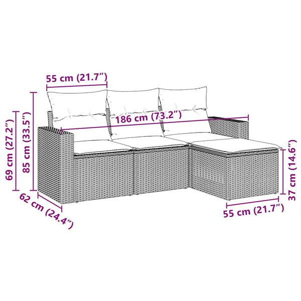 vidaXL 4-delige Loungeset met kussens poly rattan zwart