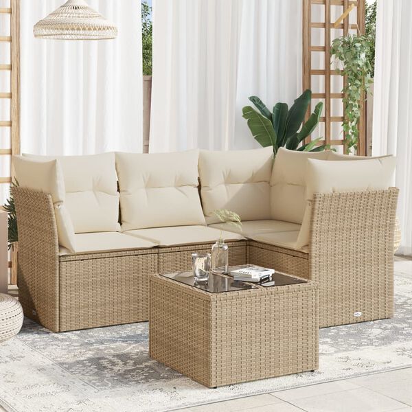 vidaXL 5-delige Loungeset met kussens poly rattan beige