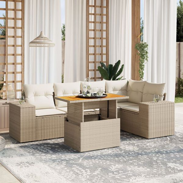 vidaXL 6-delige Loungeset met kussens poly rattan beige
