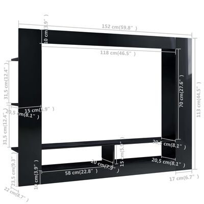 vidaXL Tv-meubel 59,8"x8,7"x44,5" bewerkt hout hoogglans zwart
