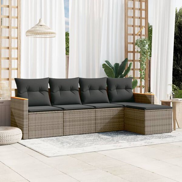 vidaXL 5-delige Loungeset met kussens poly rattan grijs