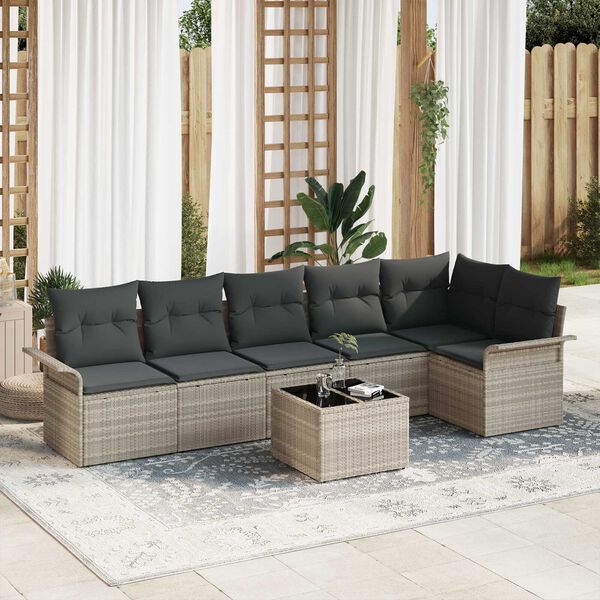 vidaXL Tuin Sofa Set met kussen met opslag 7 pcs Lichtgrijs Poly riet