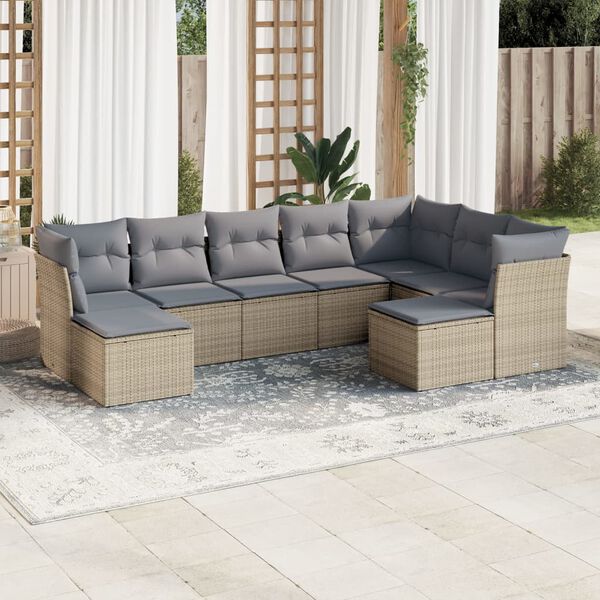 vidaXL 9-delige Loungeset met kussens poly rattan beige