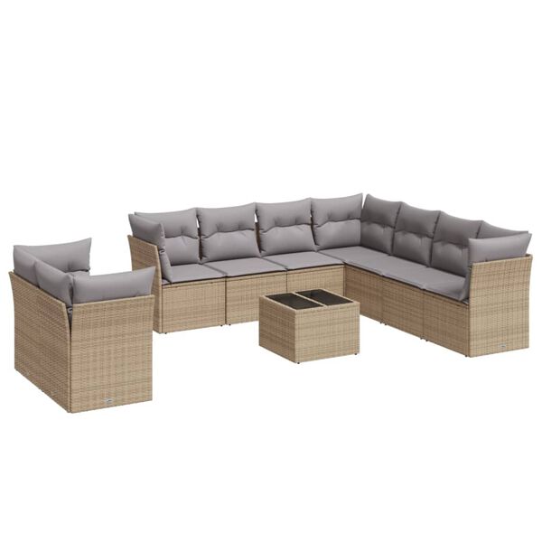 vidaXL 10-delige Loungeset met kussens poly rattan beige