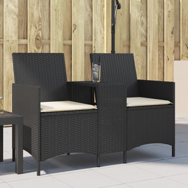 vidaXL Tuinbank 2-zits met tafel en kussens poly rattan zwart