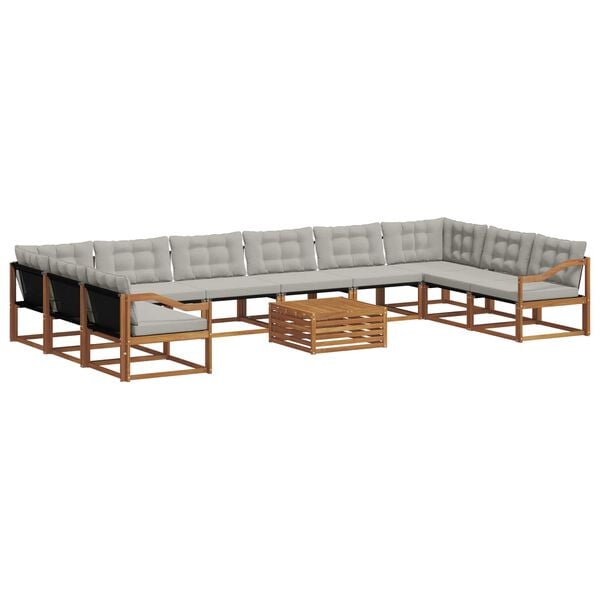 vidaXL Buiten bankenset met kussen 11 pcs Natuurlijk en Lichtgrijs