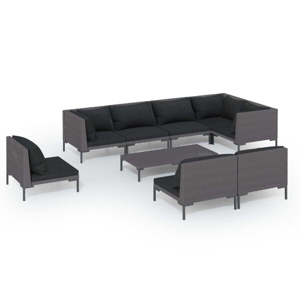 vidaXL 9-delige Loungeset met kussens poly rattan donkergrijs